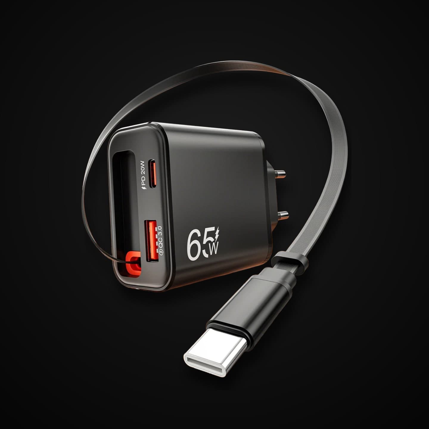 Зарядний пристрій 65W з висувним кабелем USB-C