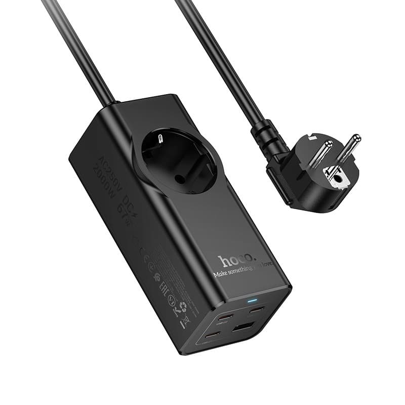 Мережевий подовжувач HOCO NS9 Wisdom 1-position (PD67W/3C1A) desktop socket (EU/GER) (2 m) Black