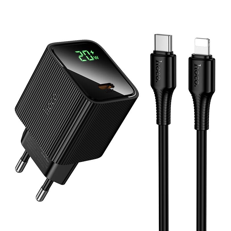 Мережевий зарядний пристрій з кабелем HOCO CS82A Excellent single port PD20W charger with digital display set(C to iP) Black