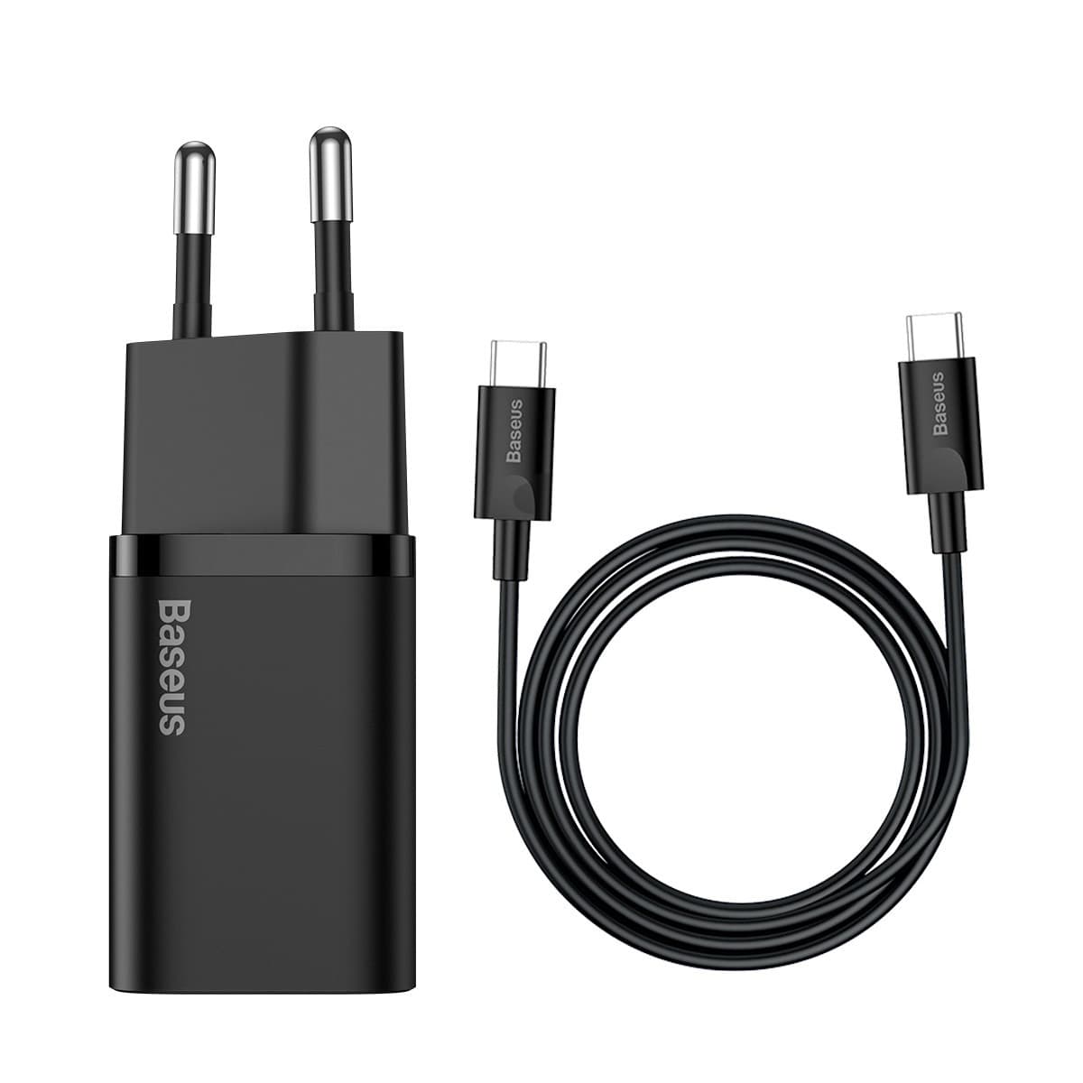 Мережевий зарядний пристрій з кабелем Baseus Super Si Quick Charger 1C 25W EU Sets Black(With Mini White Cable C to C 3A 1m Black)