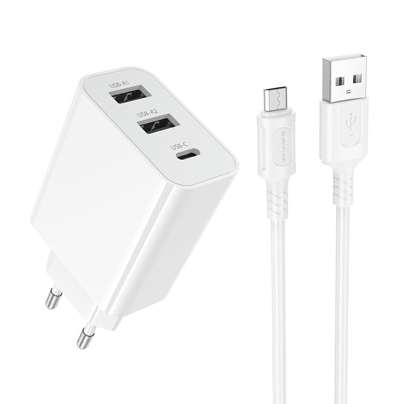 Мережевий зарядний пристрій з кабелем BOROFONE BA105A Stellar three-port charger set (Micro) (EU) White