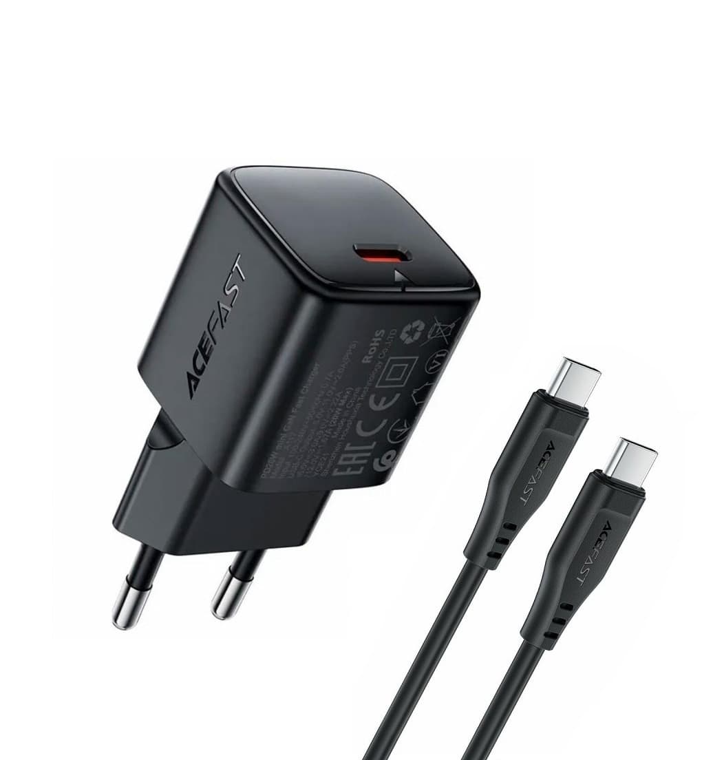 Мережевий зарядний пристрій з кабелем ACEFAST A117 PD20W mini GaN fast charger set(P16),black Black