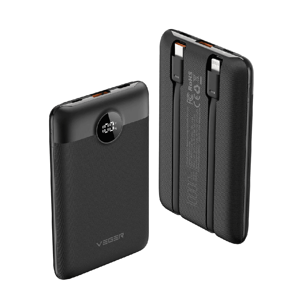 Зовнішній акумулятор VEGER 10000 mAh with built-in cables Type C / Lightning PD QC3.0 2A 22,5W C11 (W1170) black