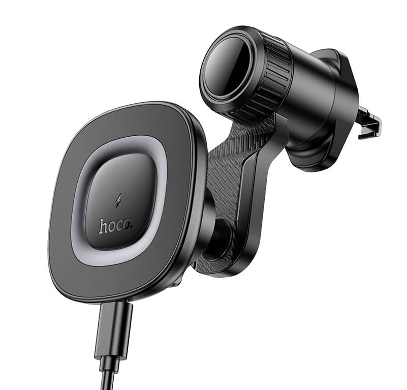 Автотримач для телефона з БЗП HOCO HW30 Crown magnetic wireless charging car holder (air outlet) Black Metal Gray