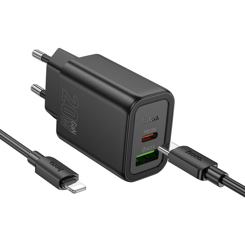 Мережевий зарядний пристрій з кабелем HOCO N61 Gentle PD20W+QC3.0 charger set(C to iP) Black