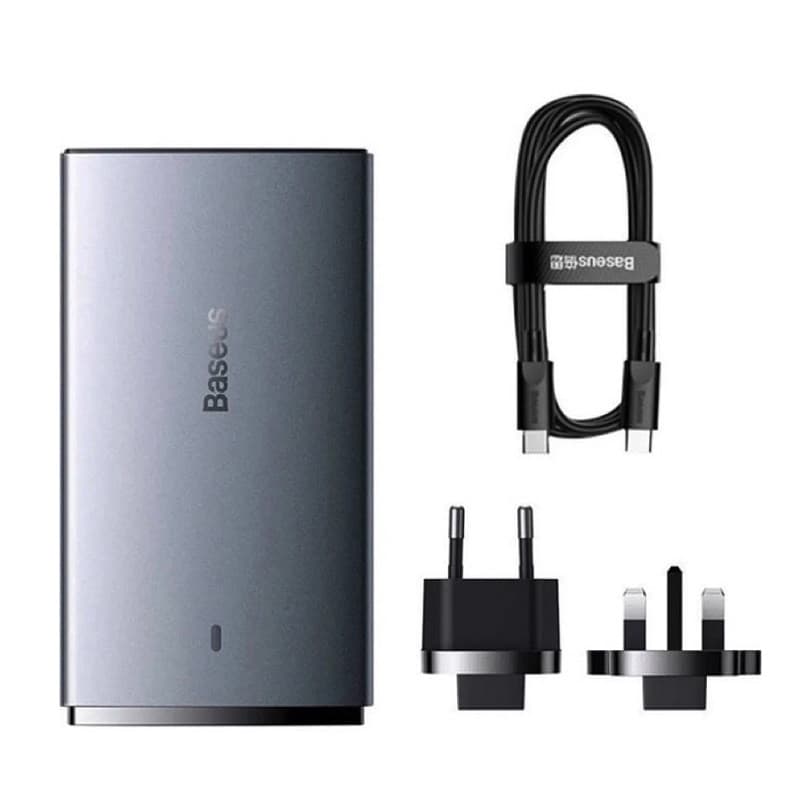 Мережевий зарядний пристрій з кабелем Baseus GaN5 Pro Ultra-Slim Fast Charger C+U 65W Gray((With Mini White Cable C to C